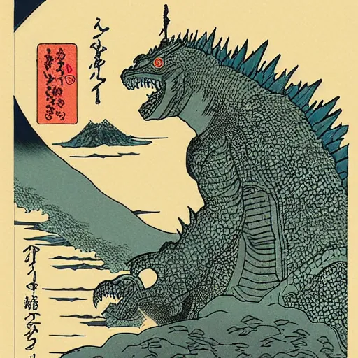 Image similar to Godzilla attacks Tokyo in the style of Hokusai