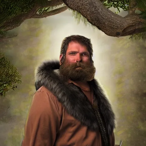 Image similar to fantasy middle - aged burly lumberjack with a beard, dungeons and dragons, realistic, dark hair, wearing a fur coat, high quality matte painting