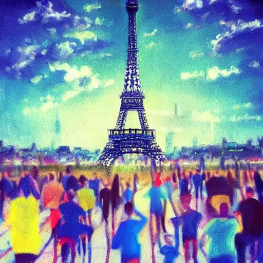 Prompt: a dream of several people running in a field and the eiffel tower in the background in a place that at the same time is illuminated by the sun causes a feeling of strangeness, oil painting, ultradetailed, artstation, polaroid photo, perfect photo, photo pinterest, polaroid photo, perfect photo, photo pinterest