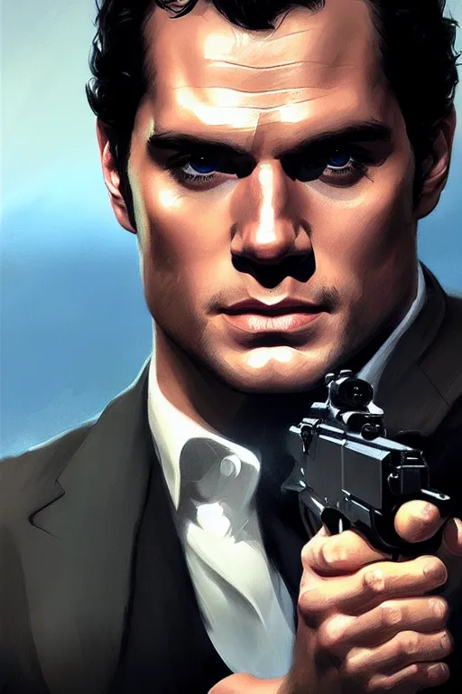 Prompt: portrait of henry cavill as james bond, casion, rifle, highly detailed, digital painting, artstation, concept art, cinematic lighting, sharp focus, illustration, art by artgerm and greg rutkowski and alphonse mucha