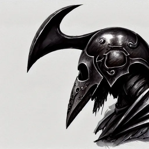 Prompt: crow skull knight helmet, headshot, side elevation, grimdark, fantasy, dark souls, concept art