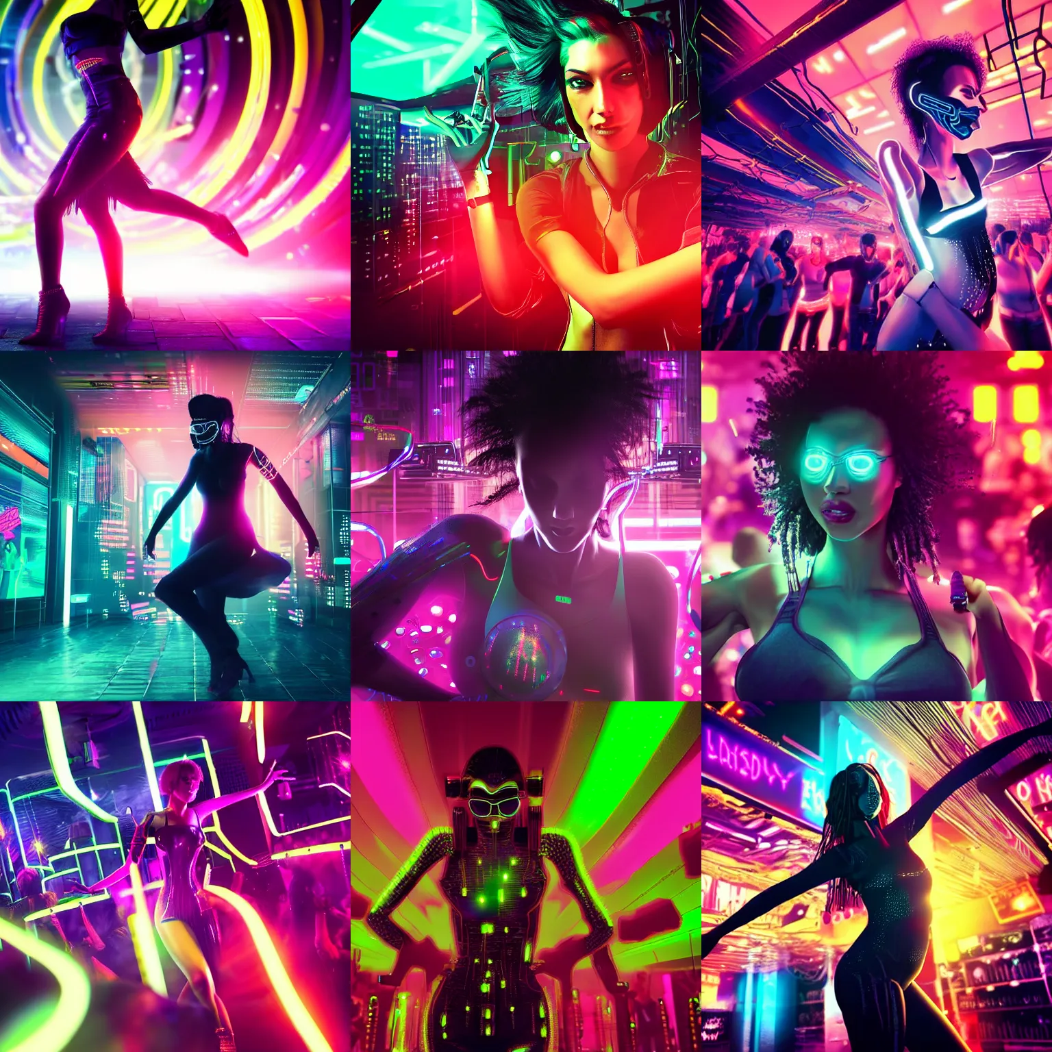 Prompt: closeup of a Cyberpunk woman dancing surrounded by a crowd in a neon nightclub, busy foreground, moody, atmospheric, highly detailed digital art