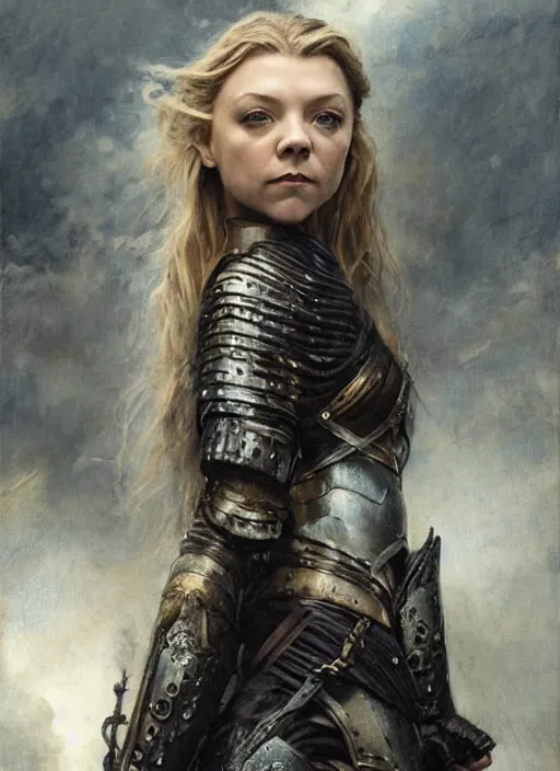 Image similar to natalie dormer wearing black medieval armour, bare legs, detailed, by gaston bussiere, bayard wu, greg rutkowski, giger, maxim verehin, greg rutkowski, masterpiece, sharp focus, cinematic lightning