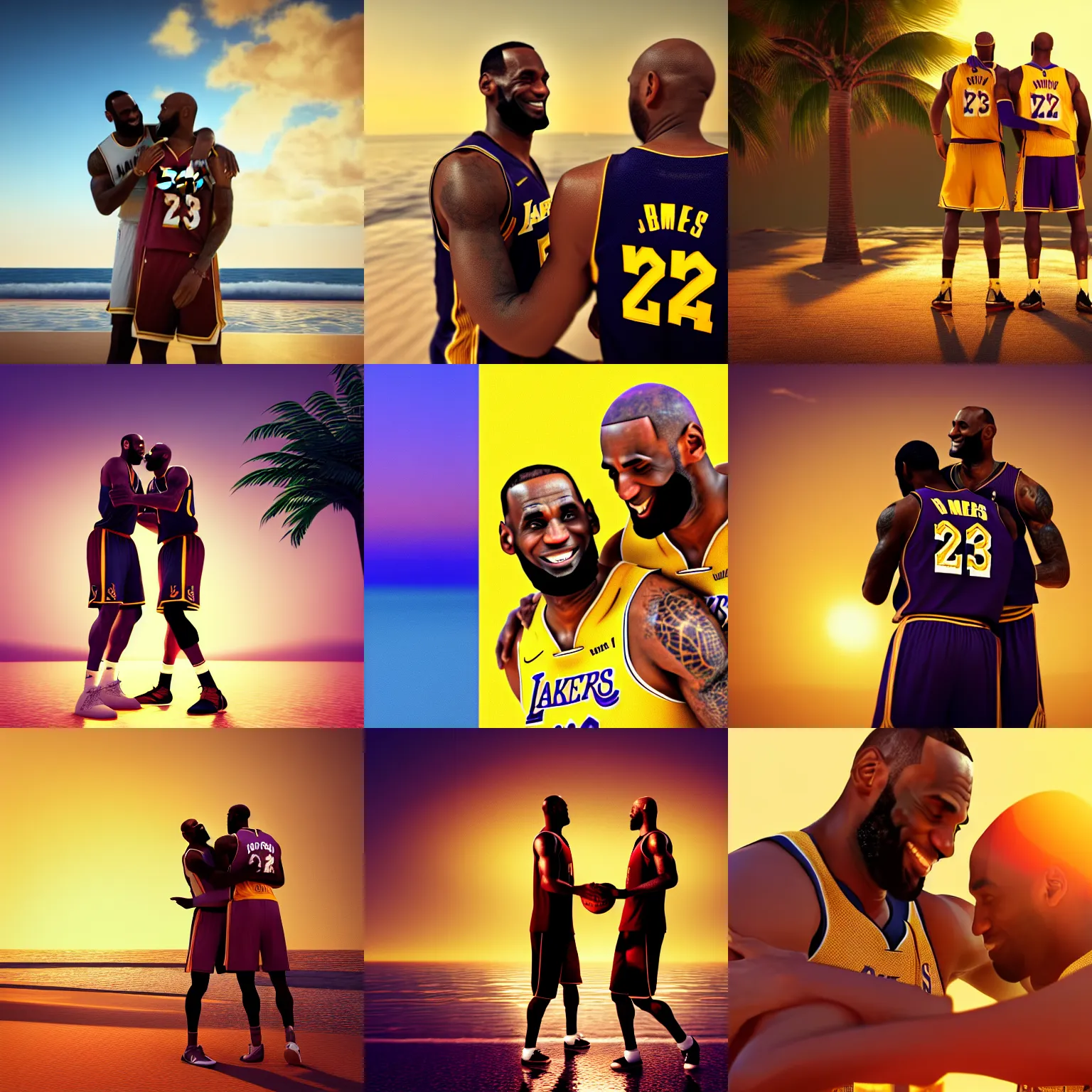 Prompt: lebron james and kobe bryant hugging at golden hour, tropical beach, digital art, octane render, love, friendship