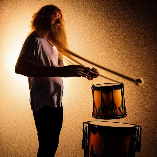 Image similar to award winning photograph of a blonde man with a goatee and long hair plays an amazing drum set, dramatic lighting,