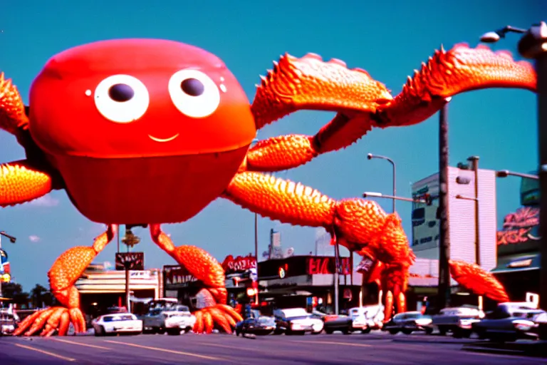 Image similar to 2 0 1 5 cute giant crab terrorizing a city, googie city, americana, fishcore, exterior photography, hd 8 k, photography cinestill