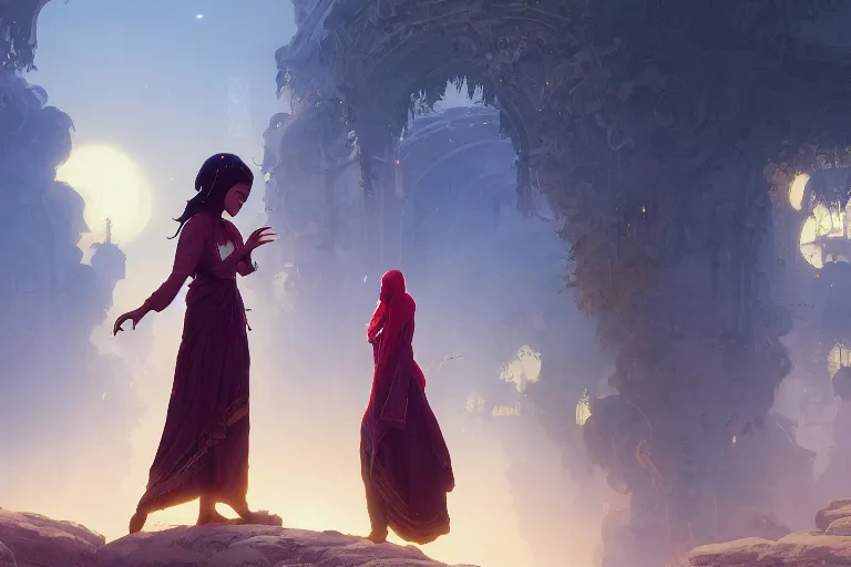 Prompt: the nooran sisters singing ali ali ali, stephen bliss, unreal engine, fantasy art by greg rutkowski, loish, rhads, ferdinand knab, makoto shinkai and lois van baarle, ilya kuvshinov, rossdraws, tom bagshaw, alphonse mucha, global illumination, radiant light, detailed and intricate environment