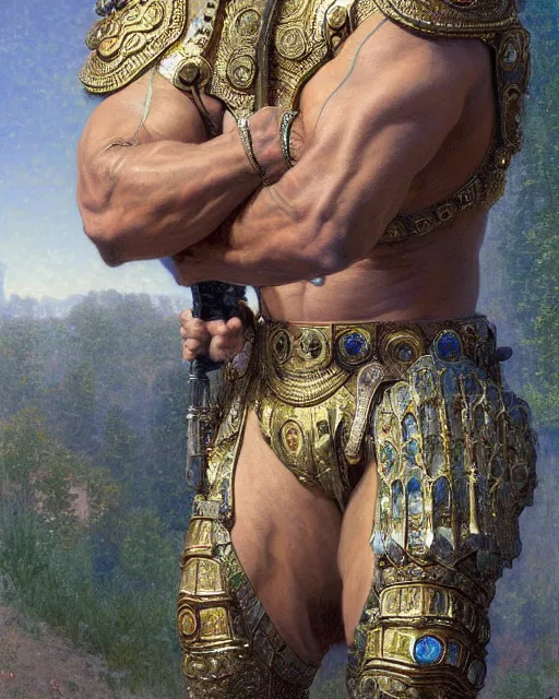 Image similar to Dwayne Johnson, dressed in ornate, detailed, intricate iridescent opal armor, detailed oil painting by William Adolphe Bouguereau and Donato Giancola