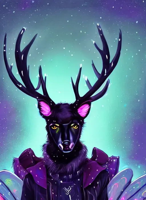 Image similar to award winning beautiful portrait commission of a male furry anthro Black Reindeer cyberpunk fursona with a tail, wings, wings, wings and a cute beautiful attractive detailed furry face wearing a crown, stylish black and rainbow galaxy clothes, outline, in a cyberpunk city at night while it rains. Character design by charlie bowater, ross tran, artgerm, and makoto shinkai, detailed, inked, western comic book art