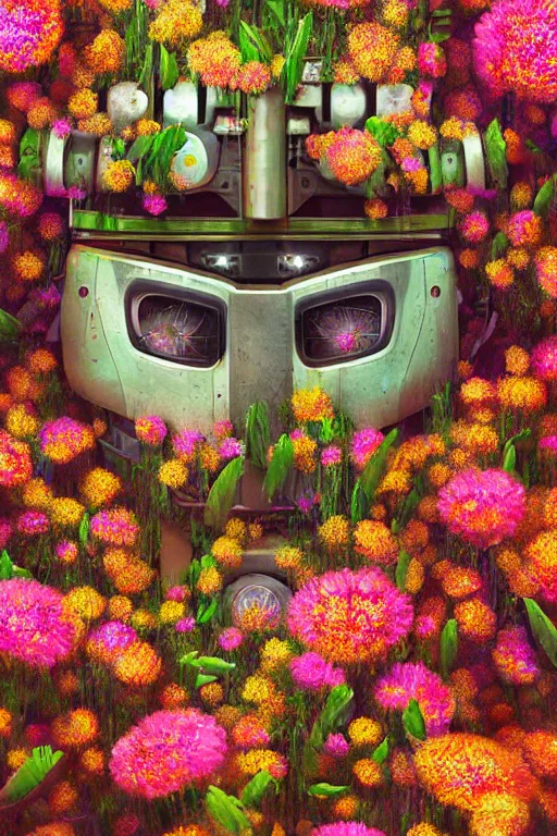 Prompt: a closeup digital painting of a robot surrounded by flowers by Mike Winkelmann, cgsociety, environmental art, made of flowers, anaglyph filter, digital painting