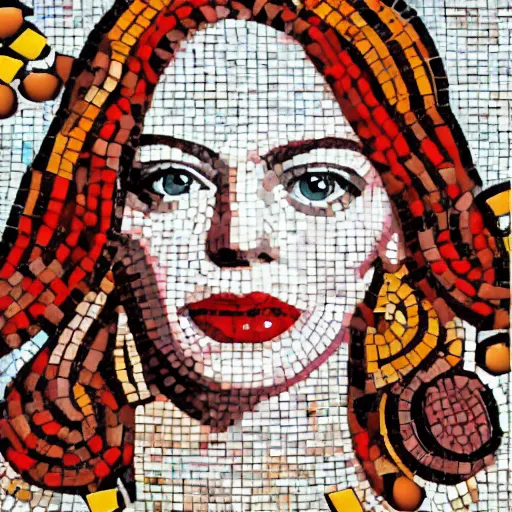 Prompt: greek mosaic made of colorful pebbles depicting emma stone, significant boundaries of the pebbles, vibrant and matching colors, red hair, lovely and symmetrical face, most beautiful and colorful mosaic in the history, character design by akihiko yoshida