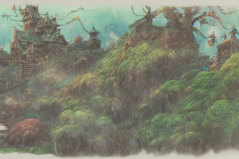 Image similar to dark fantasy land, painting, water color, ghibli, hayao miyazaki, concept art, detailed, nobuyuki yanai, hiroshi matsuyama, hiroyuki maeda