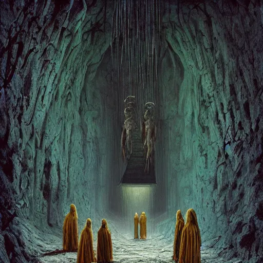 Prompt: painting of a creepy family wearing long robes, intercrossed humans, mixed animal, in a crystal cave, by giger, zdzislaw beksinski, thierry bosch, cold hue's, amazing colorful background, digital art, concept art, animal painting, beautiful composition 3 - d 4 k,