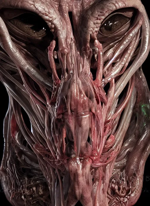 Image similar to alien head with translucent skin, visible muscles and veins and arteries and bones and spines and nerves, beautiful detailed intricate insanely detailed octane render, 8k artistic photography, photorealistic, chiaroscuro, by David Cronenberg, Raphael, Caravaggio
