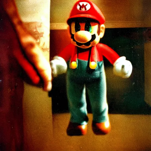 Prompt: 35mm pentax k1000 photograph grainy abstract experimental expired film photo of real human Video Game Character Super Mario, bored and angry sitting on a toilet, in 1960s New York