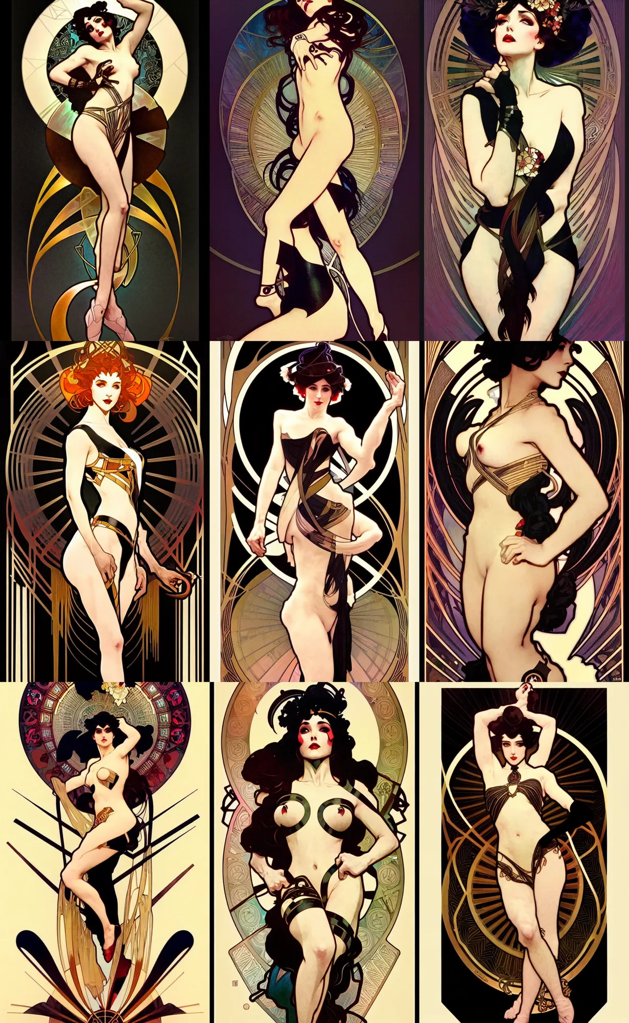 Image similar to deco art by artgerm, greg rutkowski and alphonse mucha. just one black tape project attctive showgirl. full body!! hd, 4 k, stage light. by