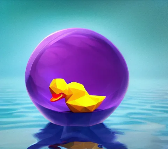 Prompt: shiny gemstone in the shape of a low - poly rubber duck floating in a pool of purple perfume, photorealism, mystical, enigmatic, digital oil painting, trending on artstation