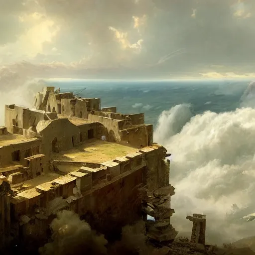 Image similar to Panorama view of a hurricane lifting the ruins of a bastion into a sea of clouds, flying island, oil painting, by Greg Rutkowski