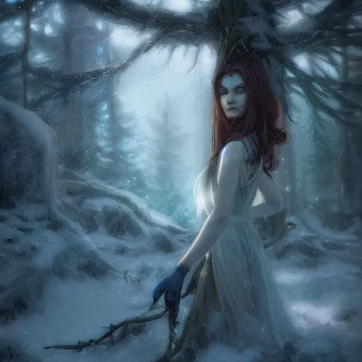 Image similar to Close up of a gorgeous druid woman in a snowy forest landscape, fantasy, Ross Tran, Charlie Bowater, Greg Rutkowski, volumetric lighting