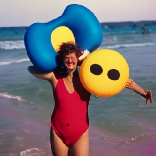 Image similar to A sad woman wearing an inflatable smiley to the beach, 1980, color film expired film, aged photo