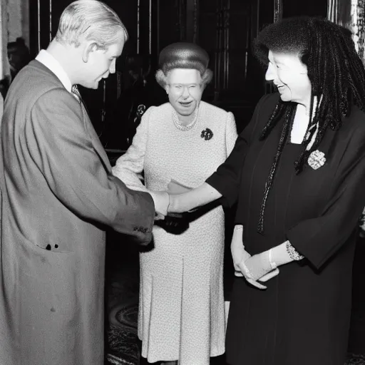 Prompt: the queen of england queen elizabeth the second meeting bob marley at windsor castle, photos by the royal photographers