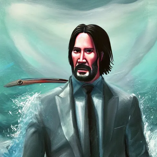 Prompt: John Wick who became the god of the sea, art concept