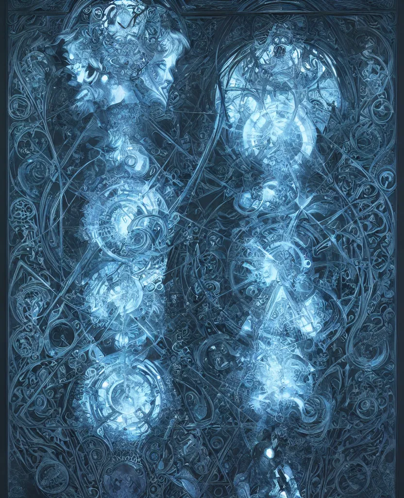 Image similar to illustration of mystical geometrical alchemical black gate covered in blue sacred symbols, deep focus, intricate, elegant, highly detailed, foggy, misterious, digital painting, artstation, concept art, matte, sharp focus, art by artgerm and ernst haeckel and alphonse mucha