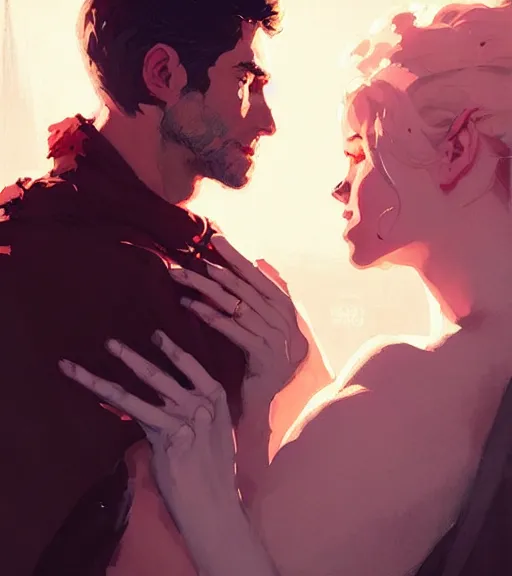 Prompt: portrait of cullen kissing dany by atey ghailan, by greg rutkowski, by greg tocchini, by james gilleard, by joe fenton, by kaethe butcher, dynamic lighting, gradient light pink, brown, blonde cream and white color scheme, grunge aesthetic