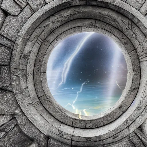 Image similar to stargate made of stone that form a circle, cinematic view, epic sky, highly detailed
