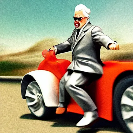 Image similar to colonel sanders in a high - speed car chase