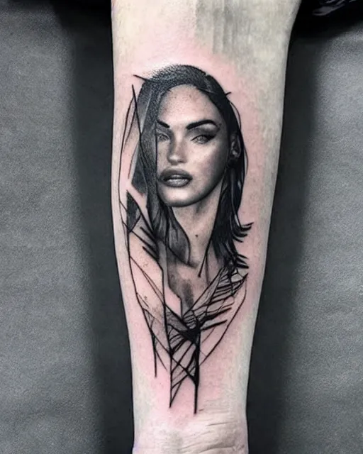 Image similar to creative double exposure effect tattoo design sketch of megan fox faded in beautiful mountain scenery, realism tattoo, in the style of matteo pasqualin, amazing detail, sharp