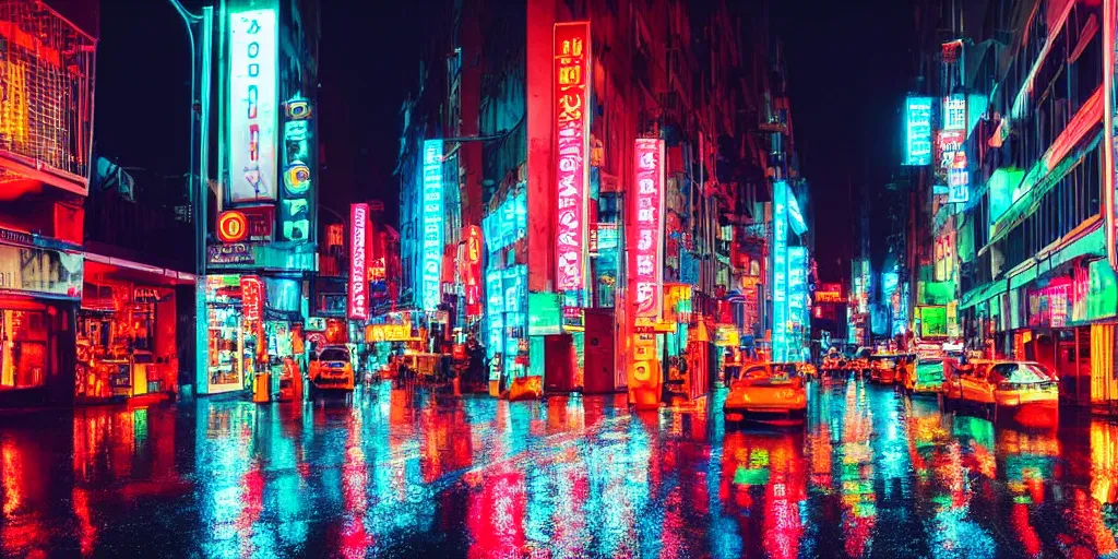 A rainy street lit up by neon signs in the city | Stable Diffusion