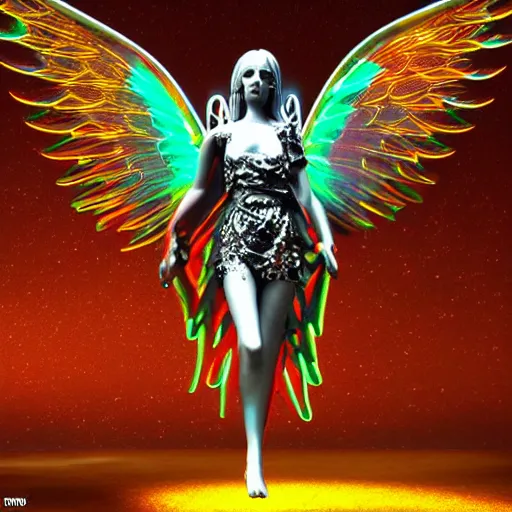 Image similar to gorgeous gothic angel in a neon city, masterpiece render, extremely detailed