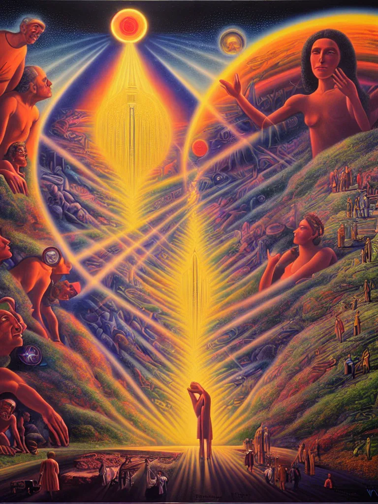 Image similar to a beautiful future for human evolution, spiritual science, divinity, utopian, by david a. hardy, wpa, public works mural, socialist