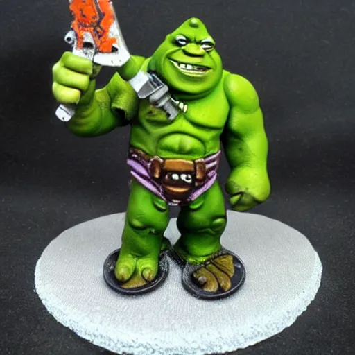 Image similar to Ork Shrek with long ears, painted warhammer 40k miniature