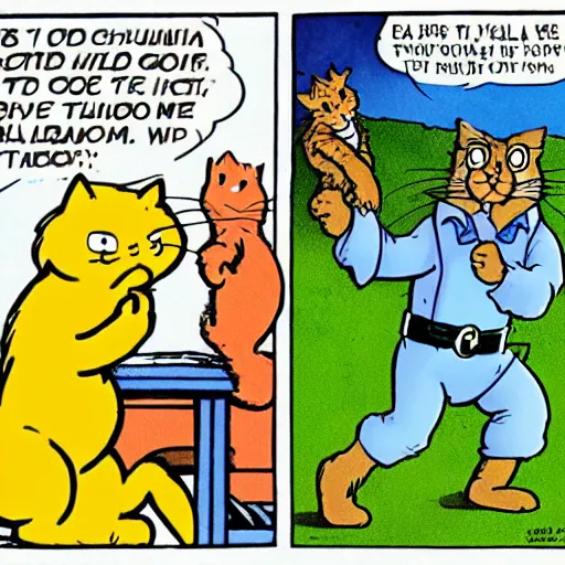 Image similar to heathcliff the cat shooting garfield the cat in the style of a comic strip, george gately, peter gallagher, jim davis