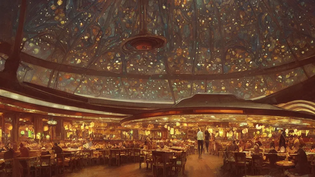 Prompt: a beautiful painting of the view from the river of the interior of a round restaurant designed by frank lloyd wright, at night with a sky full of stars, intricate, elegant, highly detailed, digital painting, artstation, concept art, by krenz cushart and artem demura and alphonse mucha