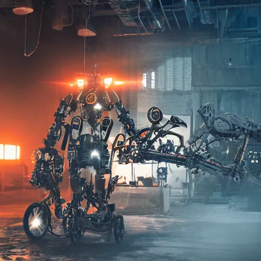 Image similar to bicycle mecha, dark messy smoke - filled cluttered workshop, dark, dramatic lighting, orange tint, cinematic, highly detailed, sci - fi, futuristic, movie still