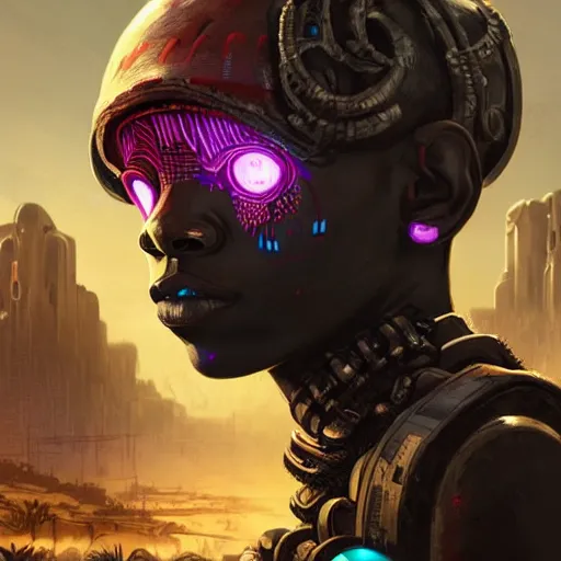 Image similar to a dark and ominous cyborg african child soldier with glowing eyes and tribal facial scarification, neon graffiti, Apex Legends character digital illustration portrait design, by android jones and greg rutkowski in a cyberpunk voodoo style, retrowave color scheme, detailed, cinematic lighting, wide angle action dynamic portrait