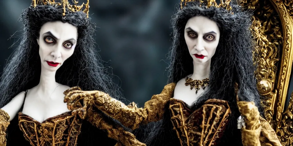 Image similar to photo taken of an epic intricate, ultra detailed, super realistic stop motion puppet of a majestic gracious regal aristocratic brunette female vampire and gothic filmset created by weta workshop and tim burton, menacing, wide angle, full body shots, photorealistic, sharp focus, gloomy, extremely cold blueish colour temperature, 3 5 mm, f 1. 4, golden ratio