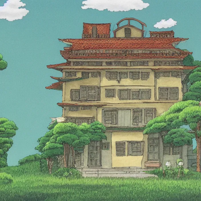 Image similar to a building in a serene landscape, by studio ghibli