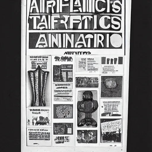 Image similar to An advertisement for a gallery, African artifacts, masks, objects, newspaper style, black and white, colonial, African Arts magazine, 70s