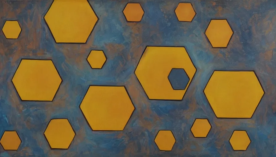 Prompt: hexagon shields, floating in space, blocking the sun, art deco painting