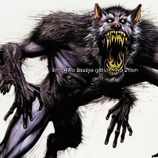 Prompt: dynamic action shot of a werewolf with long fangs and extended claws leaping forward, exaggerated muscle anatomy, crazed expression, by bill sienkiewicz, simon bisley and stephen gammell, horror, dark fantasy, extremely hyperdetailed, ghostly, 8 k, photorealism, hyperrealism, atmospheric lighting w 9 6 0