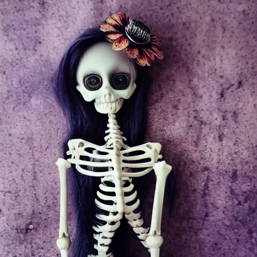 Image similar to lovely realistic ball jointed high end lapis lazuli skeleton doll with fashion and cute accessories, inside gothic doll manor bedroom, god rays, dust particles, photorealistic, aesthetic shot, worms eye view, macro camera lens, high definition, thematic, cinematic, lens flare