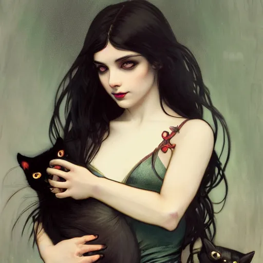 Image similar to cute goth girl with long dark hair parted sideways thick eyebrows and dark eyes, she is holding a cat in her arms, by juan villafuerte, greg rutkowski and alphonse mucha, pexels contest winner, high quality photo, rtx, hd