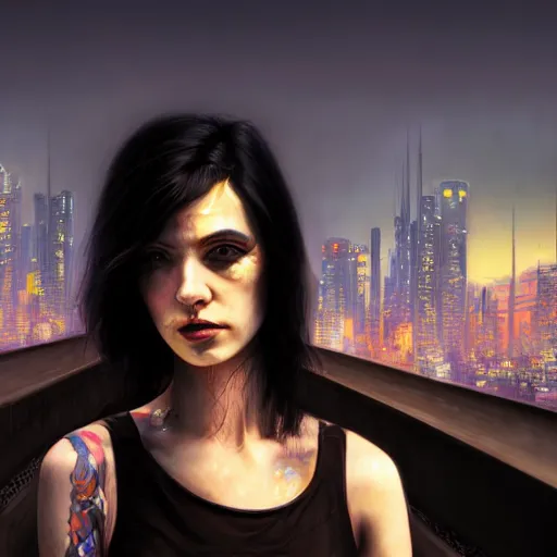 Image similar to molly millions, closeup portrait of a young beautiful cyberpunk woman, mirror eye implants, black hair in a rough shag, sunset, neuromancer, street samurai, cyberpunk city background, megacity, gorgeous view, depth, painted by seb mckinnon, high detail, digital art, painted by greg rutkowski, trending on artstation