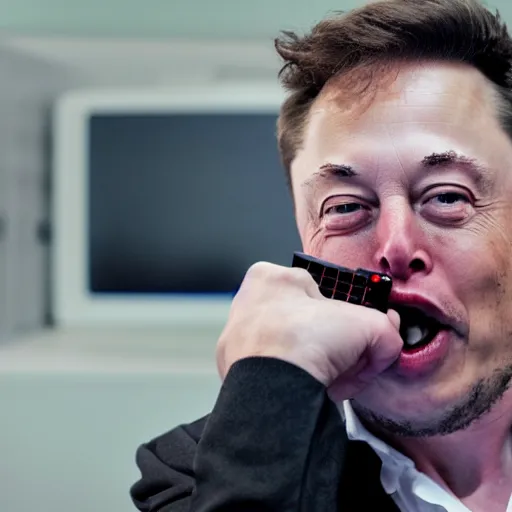 Prompt: Elon Musk eating a computer, highly detailed, high quality, HD, 4k, 8k, Canon 300mm, professional photographer, 40mp, lifelike, top-rated, award winning, realistic, sharp, no blur, edited, corrected, trending