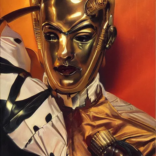 Prompt: closeup painting of uncannily beautiful aristocrat wearing latex and bronze catsuitand face paint inside bronze art deco arcology, science fiction by j. c. leyendecker