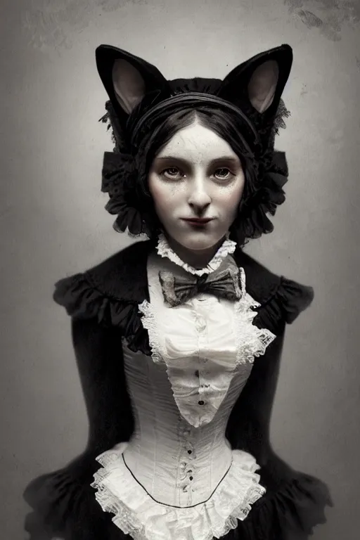 Image similar to wet plate photograph, portrait of an anthropomorphic cat, dressed as a victorian - era woman, dramatic lighting, highly detailed, digital painting, artstation, concept art, smooth, sharp focus, illustration, art by wlop, mars ravelo and greg rutkowski